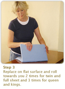 Step 3:
Replace on flat surface and roll towards you 2 times for twin and full sheet and 3 times for queen and kings.